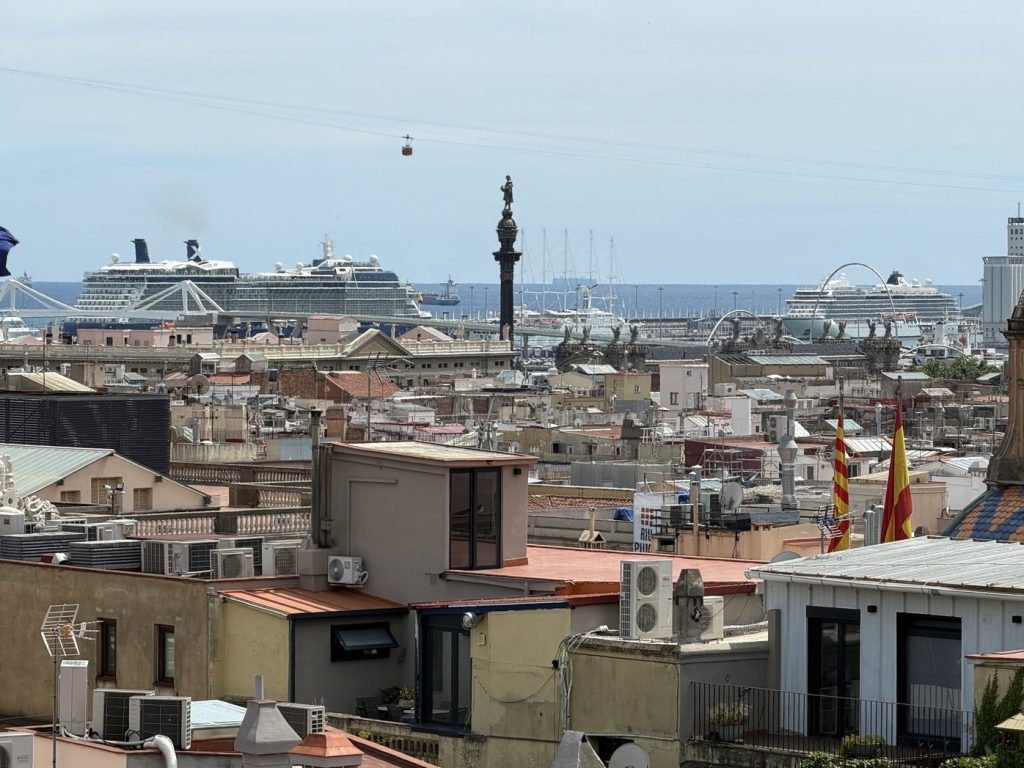 View of Port Vell & Columbus Monument from Cathedral of Barcelona
