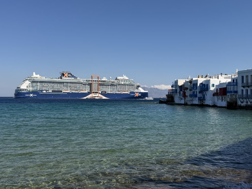 Celebrity Xcel in the harbor beyond Little Venice - Mykonos