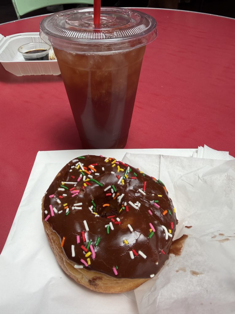 Chocolate Frosted Doughnut & Iced Tea
